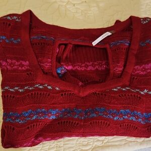 Free People Red Open-Knit V-Neck Sweater with Blue & Pink Stripes